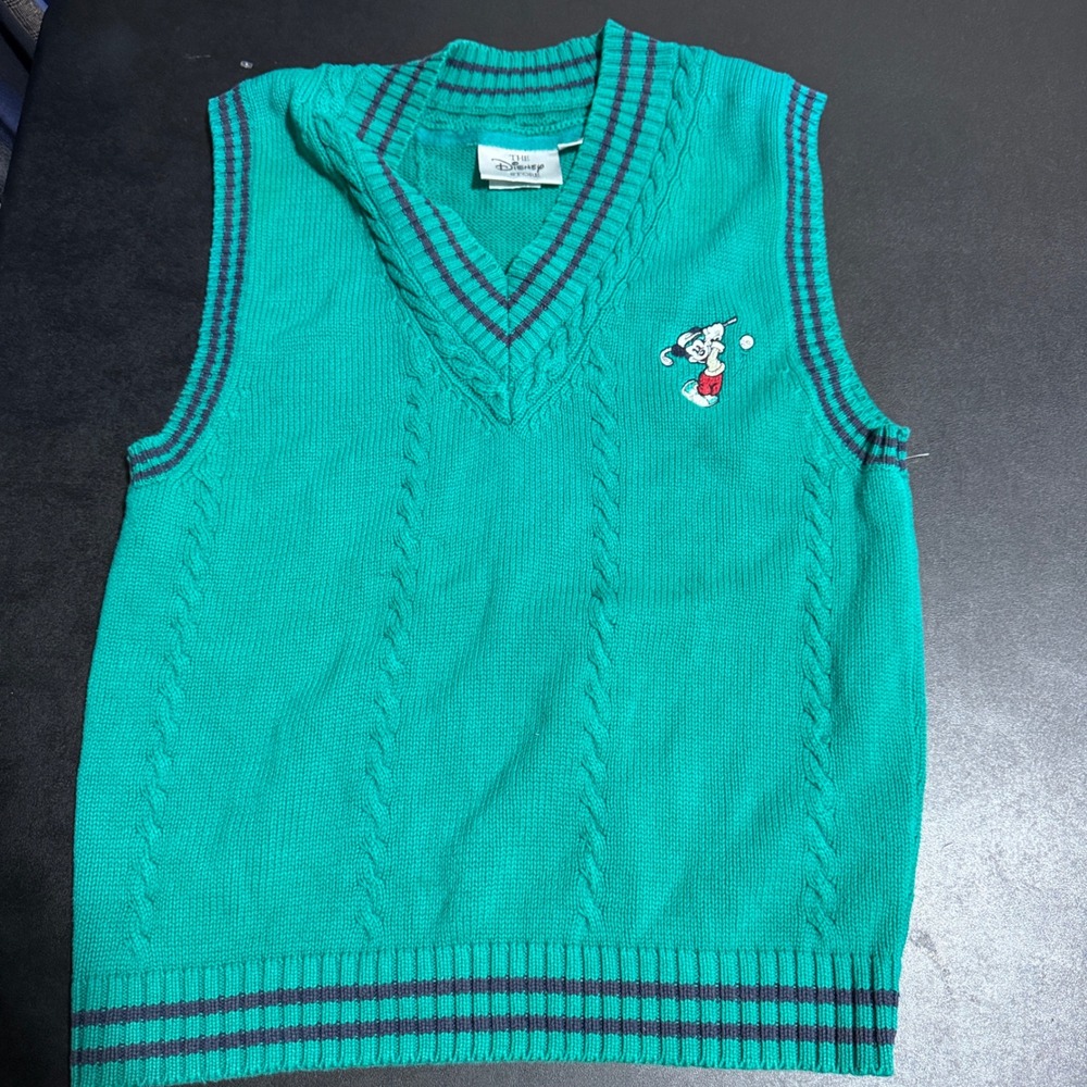 Disney Store Sweater Vest Mens Medium Teal Cable Knit Golfing Mickey Mouse